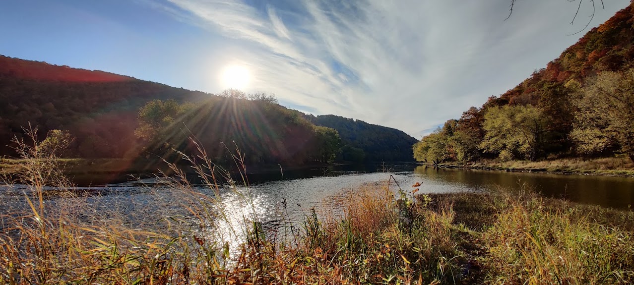 Sunny river landscape with autumn trees